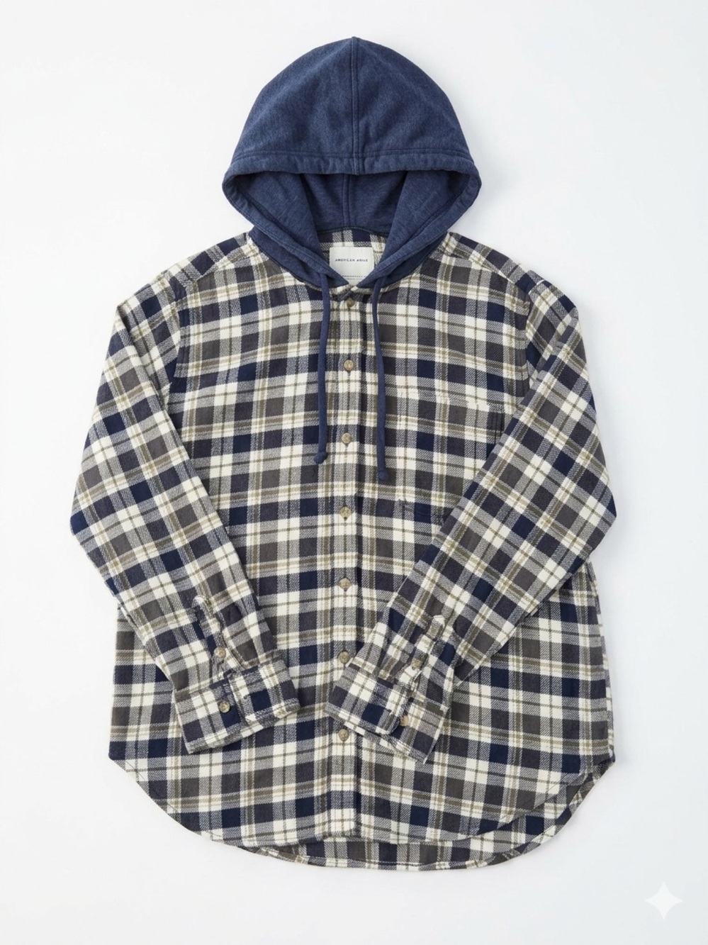 American Eagle Outfitters Navy & Cream Plaid Hooded Shirt